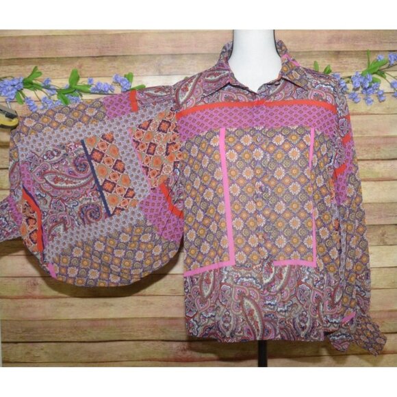Ee:some Mixed Print Floral Boho Balloon Sleeve Button Front Blouse Size M - Picture 6 of 11
